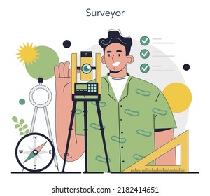 Surveyor concept. Land surveying technology, geodetic work. Construction business, mapmaking and real estate project. Geodesy topographic equipment. Flat vector illustration