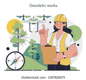 Surveyor concept. Land surveying technology, geodetic work. Construction business, mapmaking and real estate project. Geodesy topographic equipment. Flat vector illustration