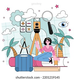 Surveyor concept. Land surveying technology, geodesy science. Cadastral engineer making geodetic measurements. Flat vector illustration