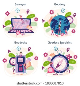 Surveyor concept set. Geodesy science , land surveying technology. Engineering and topography equipment. People with compass and map. Vector illustration in cartoon style