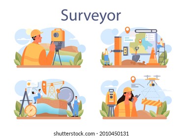 Surveyor concept set. Land surveying technology, geodesy science. Construction business, mapmaking and real estate project. People with compass, map and topographic equipment. Flat vector illustration