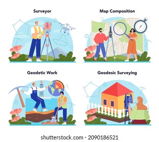 Surveyor concept set. Land surveying technology, geodesy science. Construction business, mapmaking and real estate project. People with compass, map and topographic equipment. Flat vector illustration