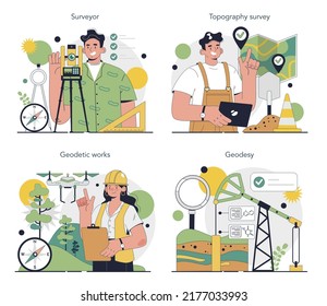 Surveyor Concept Set. Land Surveying Technology, Geodetic Work. Construction Business, Mapmaking And Real Estate Project. Geodesy Topographic Equipment. Flat Vector Illustration