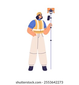 Surveyor at construction site with land measurement pole and surveying equipment. Engineer worker, fieldwork with professional tool for mapping. Flat vector illustration isolated on white background