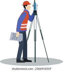 surveyor construction worker with Theodolite, surveyor measures the place to be built project with a theodolite machine vector illustration, industry and construction