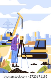 Pesquisador engenheiro local de construção de máquinas pesadas paisagem urbana trabalhador moderno usando teodolita guindaste bulldozer paisagem de desenvolvimento urbano