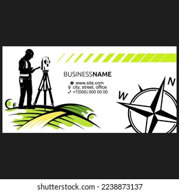 Surveyor engineer at the geodetic device in the field. Carrying out geodetic and cadastral work, a business card for an engineer