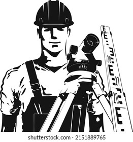 Surveyor engineer in a helmet. Measuring construction geodetic device on a tripod. Carrying out construction and geodetic measurements