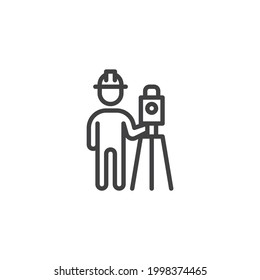 Surveyor engineer line icon. linear style sign for mobile concept and web design. Building surveyor tripod outline vector icon. Symbol, logo illustration. Vector graphics