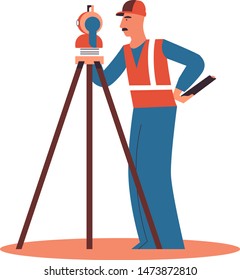 Surveyor engineer making measure. Flat vector cartoon style illustration.