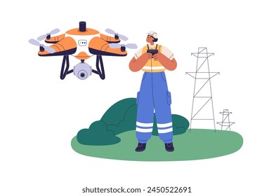 Surveyor engineer monitoring land, controlling with aerial surveying drone. Topography worker piloting UAV for remote photography and video. Flat vector illustration isolated on white background