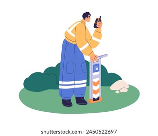 Surveyor engineer with surveying locator device. Worker inspecting underground utilities, identifying cable and pipe position, trace location. Flat vector illustration isolated on white background