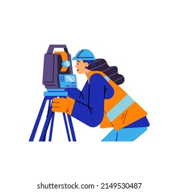 Surveyor engineer with theodolite device, flat cartoon vector illustration isolated on white background. Geodesist working with professional surveying instrument.