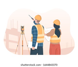 Surveyor engineer with theodolite looking at construction site