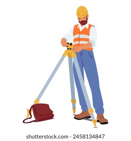 Surveyor Or Engineer Wearing Hard Hat and Safety Vest, Work with Surveying Tripod And Theodolite Equipment. Character Surveying Land, Construction Layout And Mapping Projects. Vector Illustration