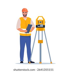 Surveyor Or Engineer Wearing Hard Hat and Safety Vest, Work with Surveying Tripod And Theodolite Equipment.
