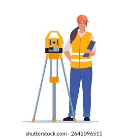 Surveyor Or Engineer Wearing Hard Hat and Safety Vest, Work with Surveying Tripod And Theodolite Equipment.