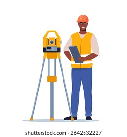 Surveyor Or Engineer Wearing Hard Hat and Safety Vest, Work with Surveying Tripod And Theodolite Equipment.