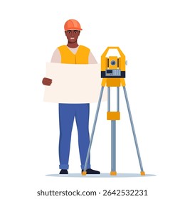 Surveyor Or Engineer Wearing Hard Hat and Safety Vest, Work with Surveying Tripod And Theodolite Equipment.