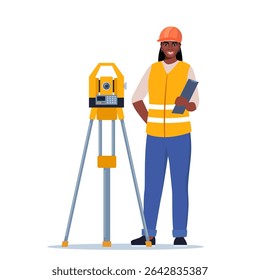 Surveyor Or Engineer Wearing Hard Hat and Safety Vest, Work with Surveying Tripod And Theodolite Equipment.