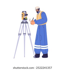 Surveyor engineer works with total station, theodolite, geodesy and topography measurement tool. Professional worker, surveying engineer. Flat vector illustration isolated on white background