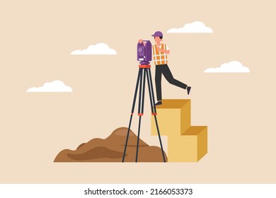 Surveyor Engineering is surveying for making contour plans before startup construction work with telescope. Road and building construction concept. Flat vector illustration.
