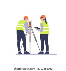 Surveyor engineers with equipment, theodolite or total positioning station on the construction site.