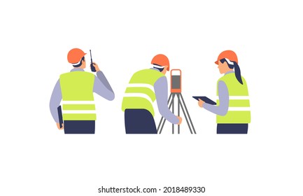 Surveyor engineers with equipment, theodolite or total positioning station on the construction site. Vector illustration.