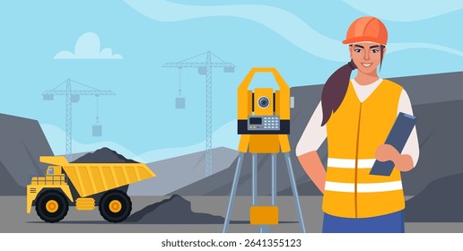 Surveyor engineers with equipment, theodolite or total positioning station. Building work process with construction machines.