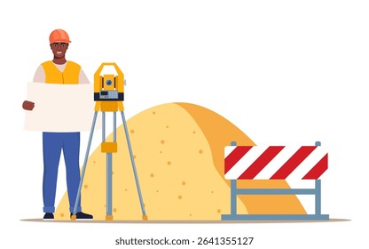 Surveyor engineers with equipment, theodolite or total positioning station. Building work process with construction machines.