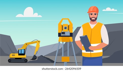 Surveyor engineers with equipment, theodolite or total positioning station. Building work process with construction machines.