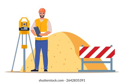 Engenheiros inspetores com equipamento, teodolite ou estação de posicionamento total. Processo de construção com máquinas de construção.