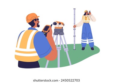 Surveyor engineers work with geodetic equipment. Building workers with theodolite, levelling pole and walkie-talkie, surveying measurement tools. Flat vector illustration isolated on white background