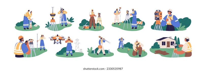 Surveyor engineers at work set. Geodesy workers with surveying equipments, measuring technologies, topography instruments, tools. Flat graphic vector illustrations isolated on white background