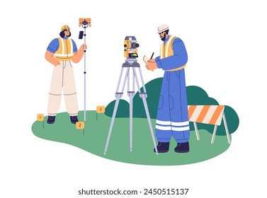 Surveyor engineers work with total station theodolite and prism reflector pole, geodesy stick for precise measurement. Workers, surveying tools. Flat vector illustration isolated on white background