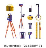 Surveyor or geodesy professional equipment set, flat vector illustration isolated on white background. Geodetic measuring instruments and tools collection.