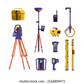 Surveyor or geodesy professional equipment set, flat vector illustration isolated on white background. Geodetic measuring instruments and tools collection.