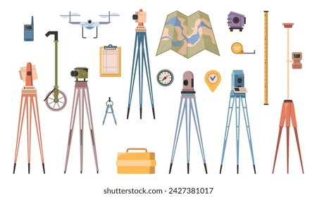 Surveyor or geodesy professional equipment. Vector flat cartoon, isolated map and measuring tape, tools and instrument for specialists. Geodesic tripod and walkie talkie, drone and cameras