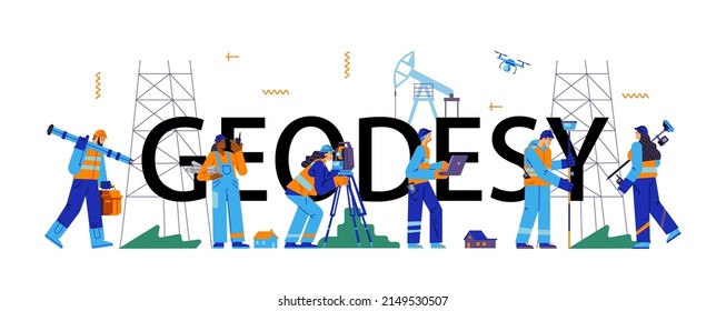 Surveyor or geodesy typographic header design. Geodetic developments for construction project and cartography, flat vector illustration isolated on white background.