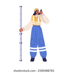 Surveyor with geodetic equipment, tool. Surveying engineer with leveling pole and walkie-talkie, construction industry. Professional worker. Flat vector illustration isolated on white background