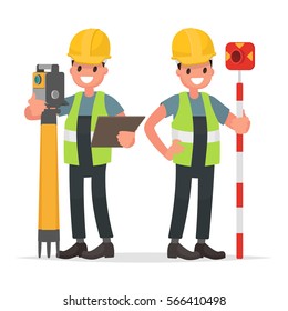 Surveyor and his assistant to work with the equipment. Vector illustration in a flat style