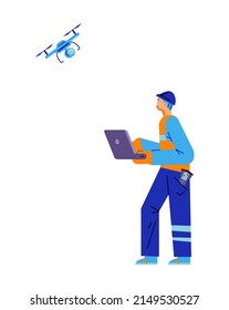 Surveyor man character in special suit and helmet controls drone via laptop flat style, vector illustration isolated on white background. Measuring equipment, geodesic works