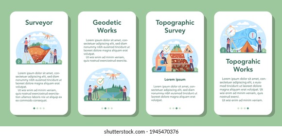 Surveyor mobile application banner set. Land surveying technology