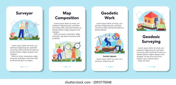 Surveyor Mobile Application Banner Set. Land Surveying Technology, Geodesy Science. Construction Business, Mapmaking And Real Estate Project. Flat Vector Illustration