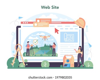 Surveyor online service or platform. Land surveying, geodesy science. Engineering and topography equipment. Website. Vector flat illustration