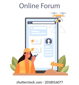Surveyor online service or platform. Land surveying, geodesy science. Mapmaking and real estate project. Online forum. Flat vector illustration