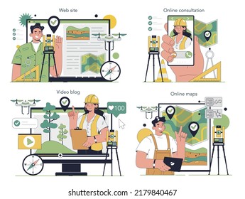 Surveyor online service or platform set. Land surveying technology, geodetic work. Mapmaking and real estate business. Online map, consultation, video blog, website. Flat vector illustration