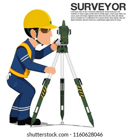 A surveyor is operating the theodolite on transparent background