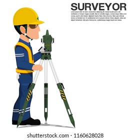A surveyor is setting up the theodolite on transparent background