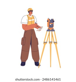 Surveyor with theodolite on tripod. Surveying engineer, topography measurement and geodesy work. Professional with measuring equipment, tool. Flat vector illustration isolated on white background